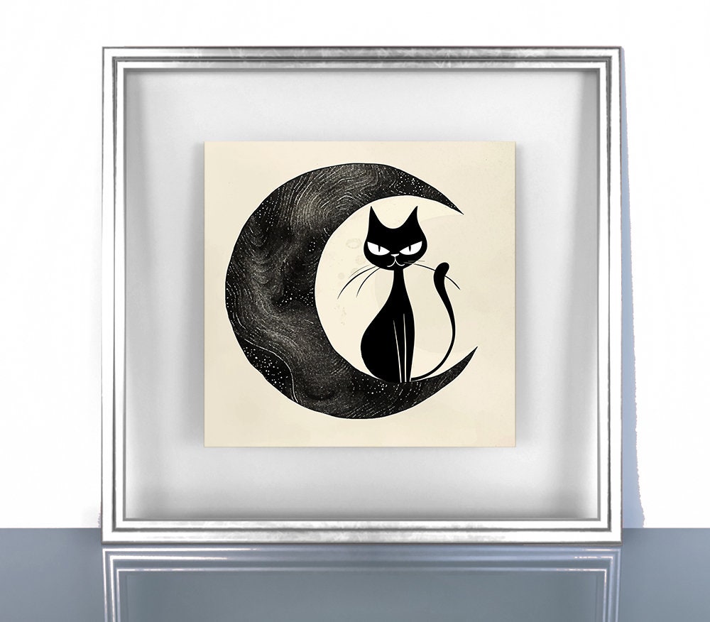 Midcentury Modern Cat and Moon Print - Black and Beige - Square Print