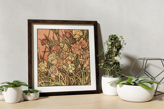 Mucha flowers Painting - Print - Pink and Beige - Art Nouveau Floral- Mandala Square - For Your Sacred Space