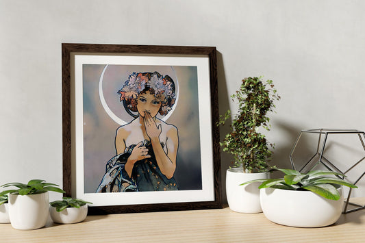 Mucha Moon Print Square - Art Nouveau Moon Print - Moon Goddess Art Deco - Moon Print Square - Purple and Black