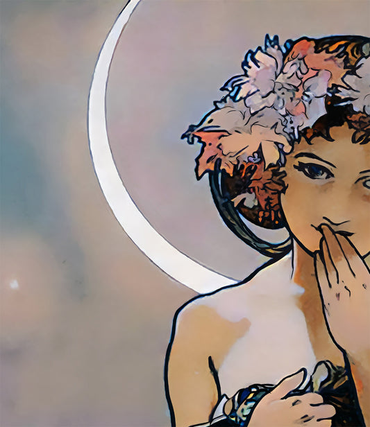 Mucha Moon Square Print Art Nouveau Moon Goddess in Purple and Black for Wall Art by My Store