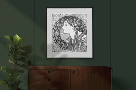 Mucha Print Black And White Square Art Illustration Alphonse Mucha by My Store