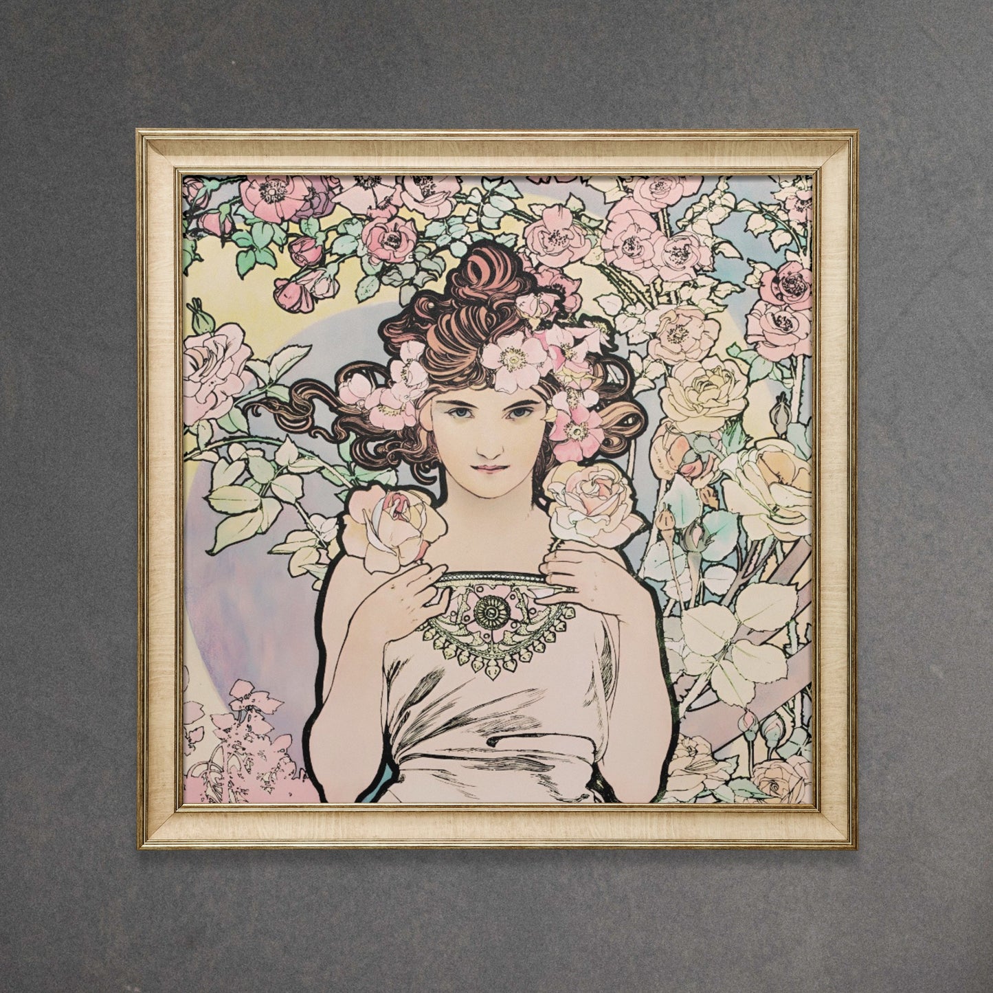 Pink Mucha Goddess Painting - Floral Print - Square - Art Nouveau Print - Goddess Art Deco - Les Fleurs - The Rose 1898