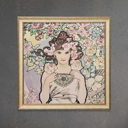 Pink Mucha Goddess Painting - Floral Print - Square - Art Nouveau Print - Goddess Art Deco - Les Fleurs - The Rose 1898