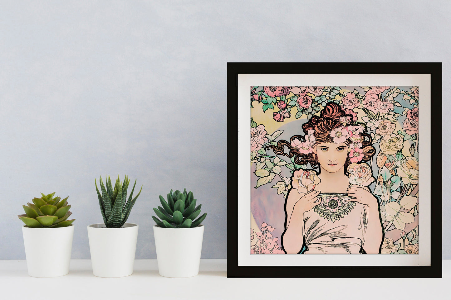Pink Mucha Goddess Painting - Floral Print - Square - Art Nouveau Print - Goddess Art Deco - Les Fleurs - The Rose 1898