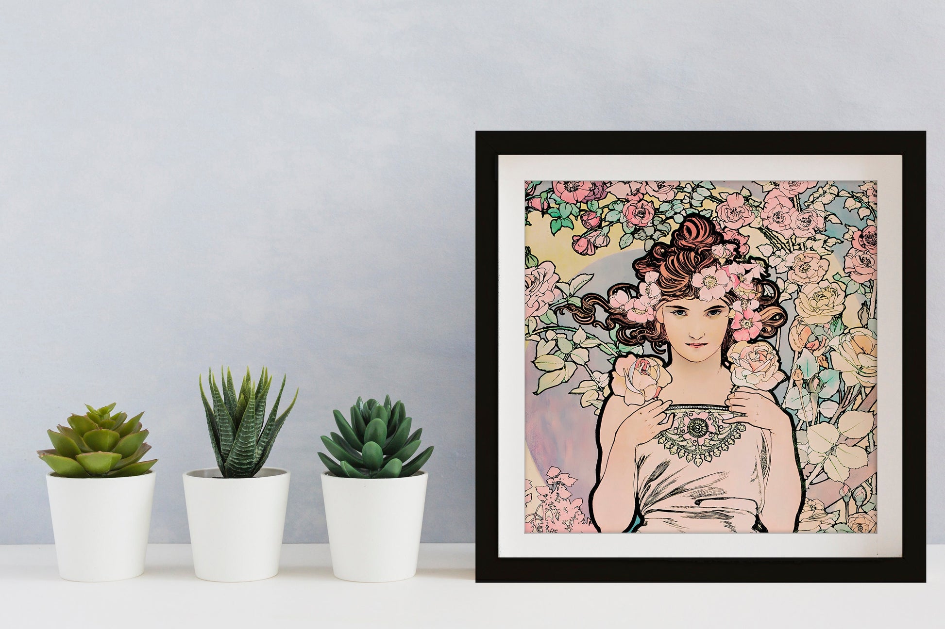 Pink Mucha Goddess Painting - Floral Print - Square - Art Nouveau Print - Goddess Art Deco - Les Fleurs - The Rose 1898