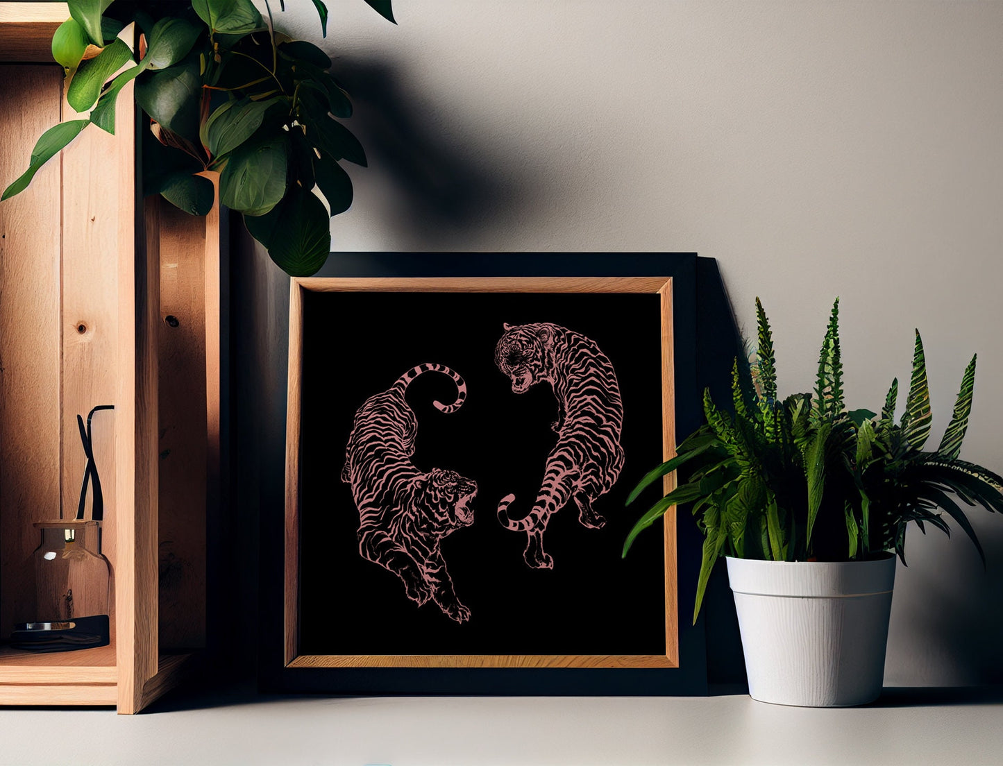 Pink Tigers Print - Square Print - vintage Japanese print remix - Black and Pink Tigers