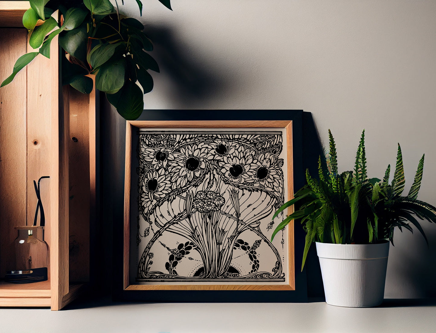 Pomegranate Tree Vintage Print - Art Nouveau art print, Vintage wall art, painting - Beige and Black