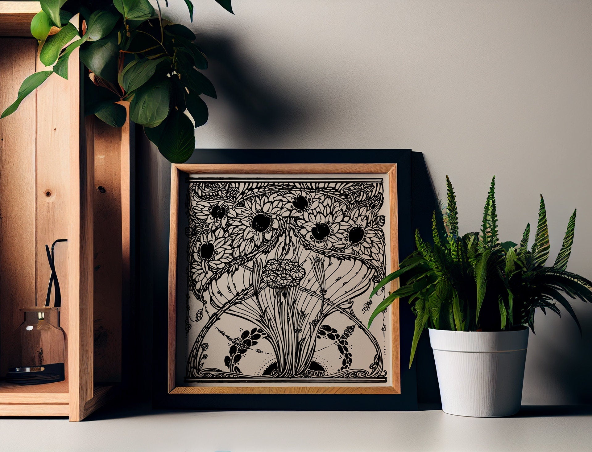 Pomegranate Tree Vintage Print - Art Nouveau art print, Vintage wall art, painting - Beige and Black