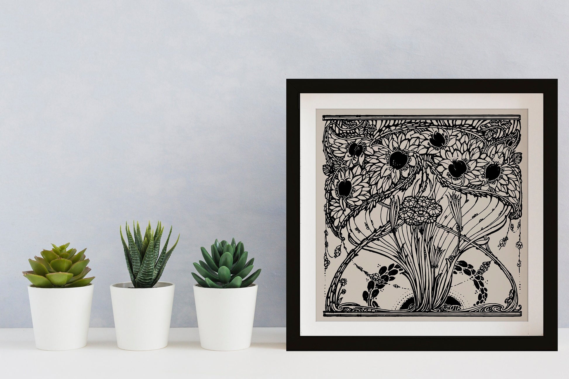 Pomegranate Tree Vintage Print - Art Nouveau art print, Vintage wall art, painting - Beige and Black