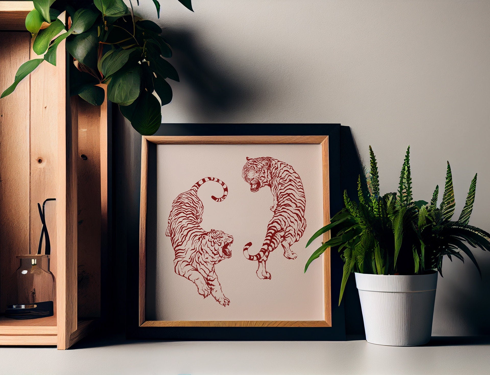 Red Tigers Print - Square Print - vintage Japanese print remix - Red Tigers - Beige