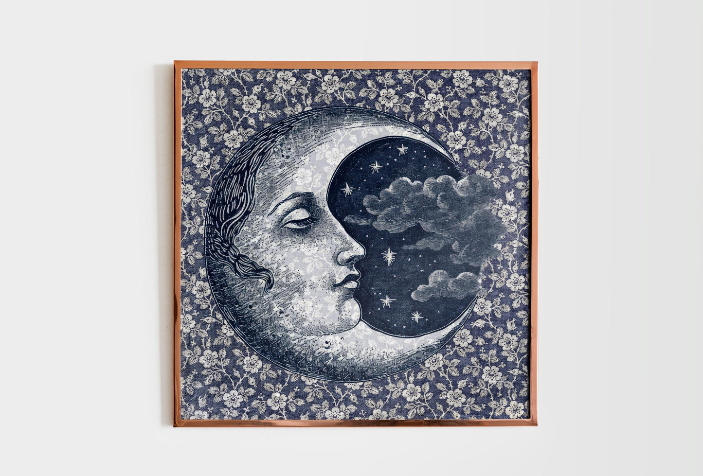 Vintage Blue Moon Print - Dark Blue Moon with Face - Art Nouveau - Shabby Chic Floral Moon
