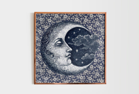 Vintage Blue Moon Print - Dark Blue Moon with Face - Art Nouveau - Shabby Chic Floral Moon