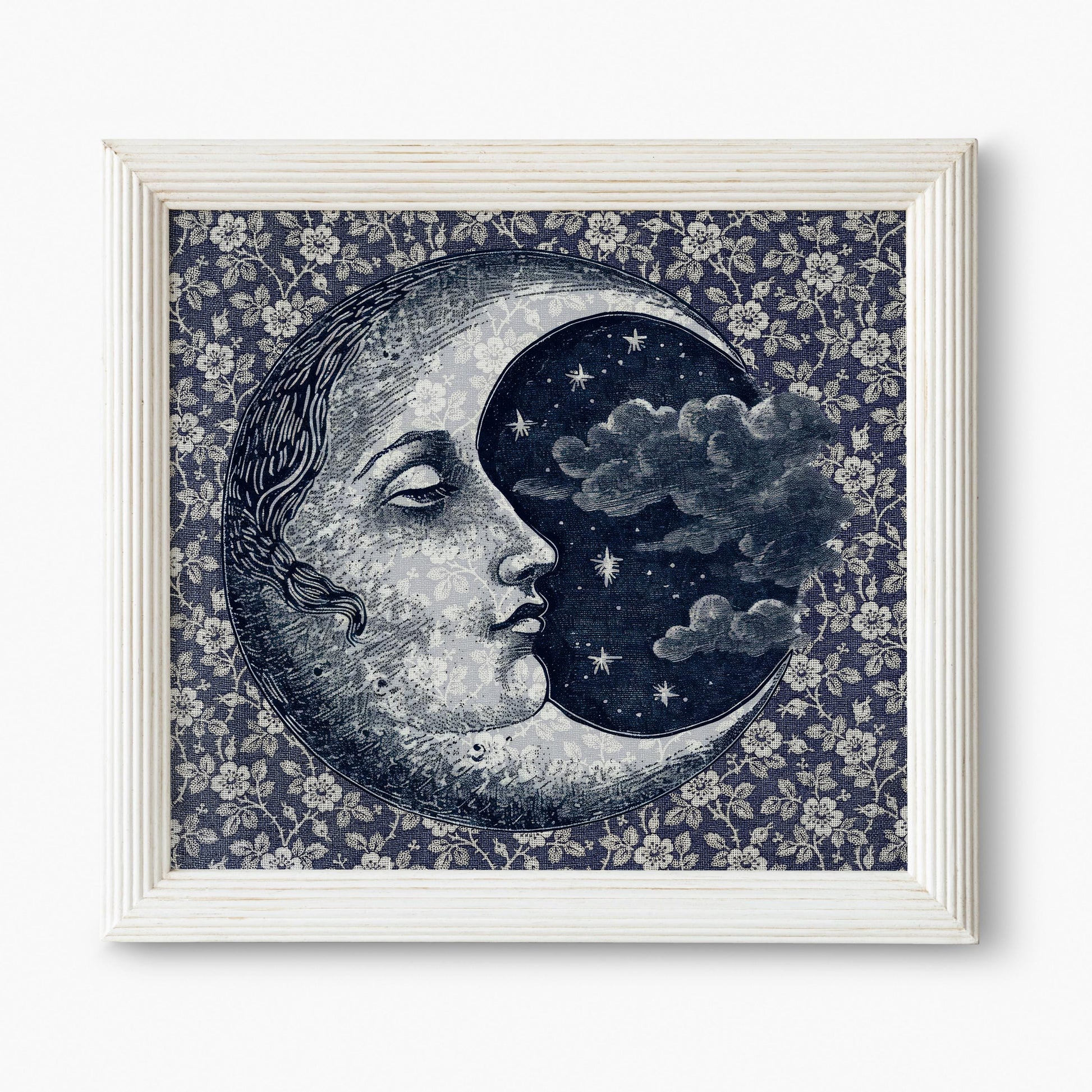 Vintage Blue Moon Print - Dark Blue Moon with Face - Art Nouveau - Shabby Chic Floral Moon