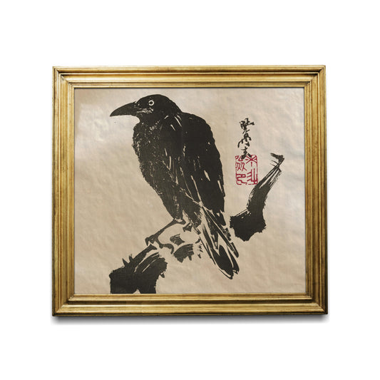 Vintage Japanese Crow Print Square Art In Beige And Black by My Store