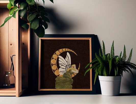 Vintage Woman And Moon Art Nouveau Print Beige And Gold Square Wall Art Premium Archival Print by My Store