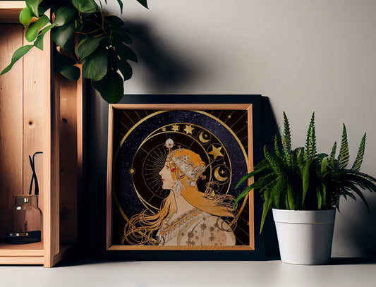 Vintage Woman And Moon Art Nouveau Print In Navy Gold Wall Art 8x10 Premium Archival Paper by My Store