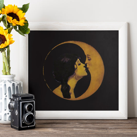 Woman Kissing Moon Art Nouveau Print In Dark Beige Gold by My Store