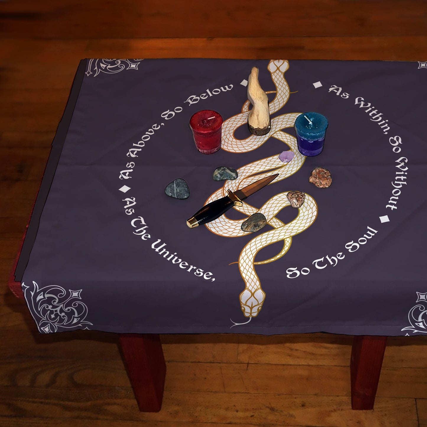 Tarot Altar Cloth - As Above so Below - Snake Altar Cloth - Purple and Gold - Cotton option