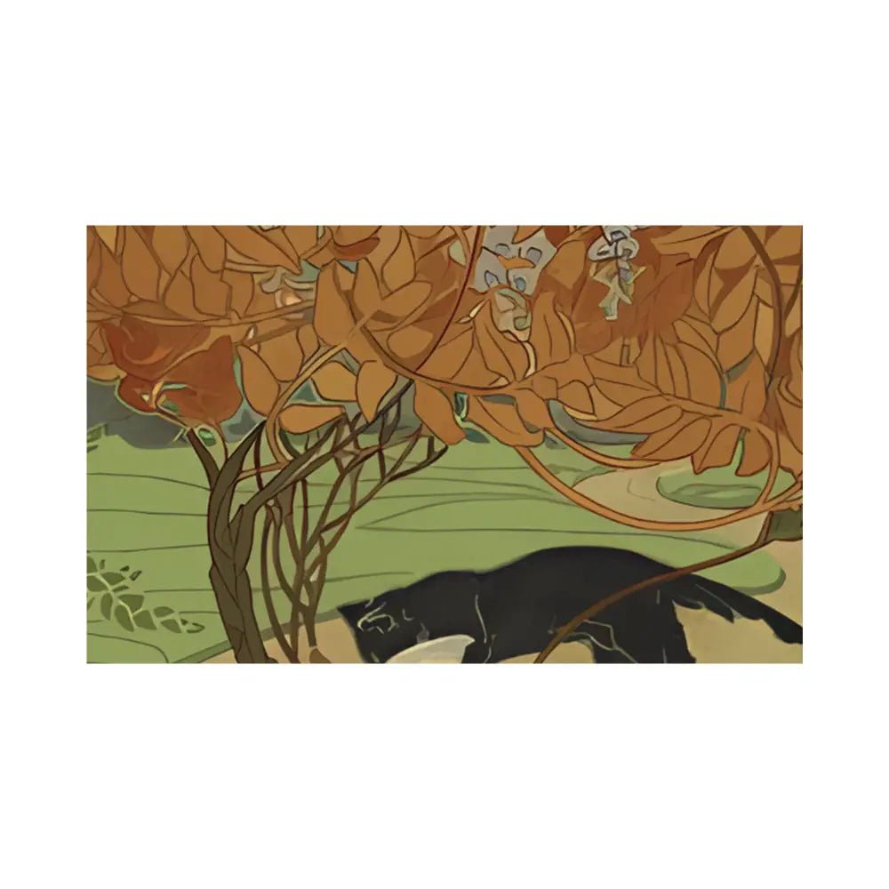 Nouveau Cats Print Large Green Beige Floral Art Nouveau Poster by DesignBohemian