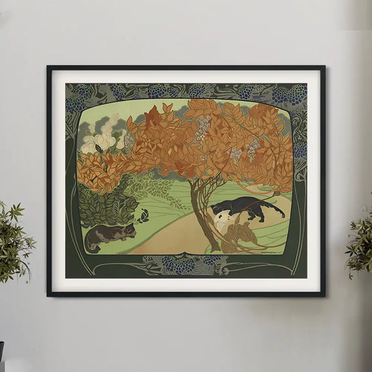 Nouveau Cats Print Large Green Beige Floral Art Nouveau Poster by DesignBohemian