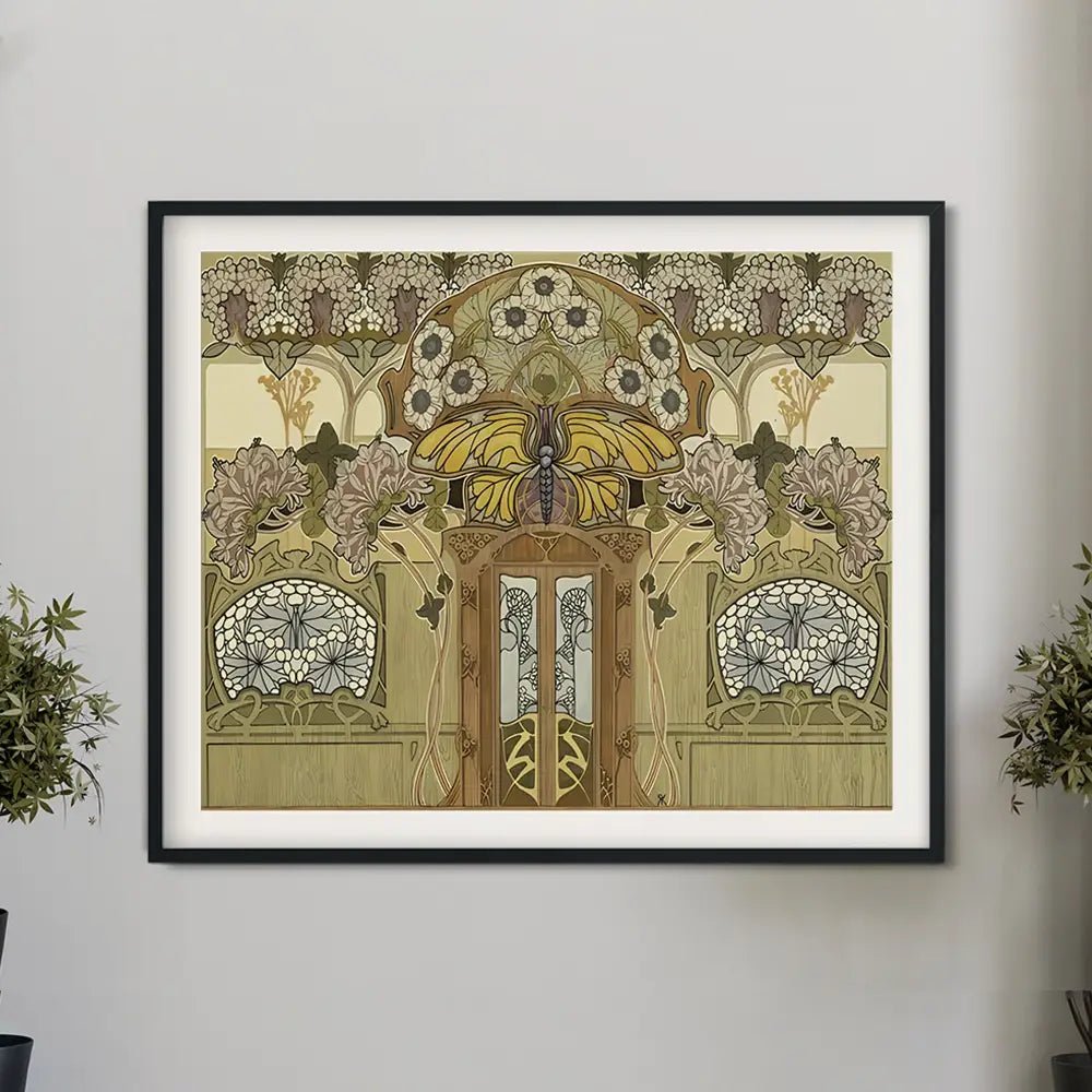 Nouveau Fleurs Print Yellow Beige Art Nouveau Poster Floral Print Large Paris Vintage Butterfly Stained Glass by DesignBohemian