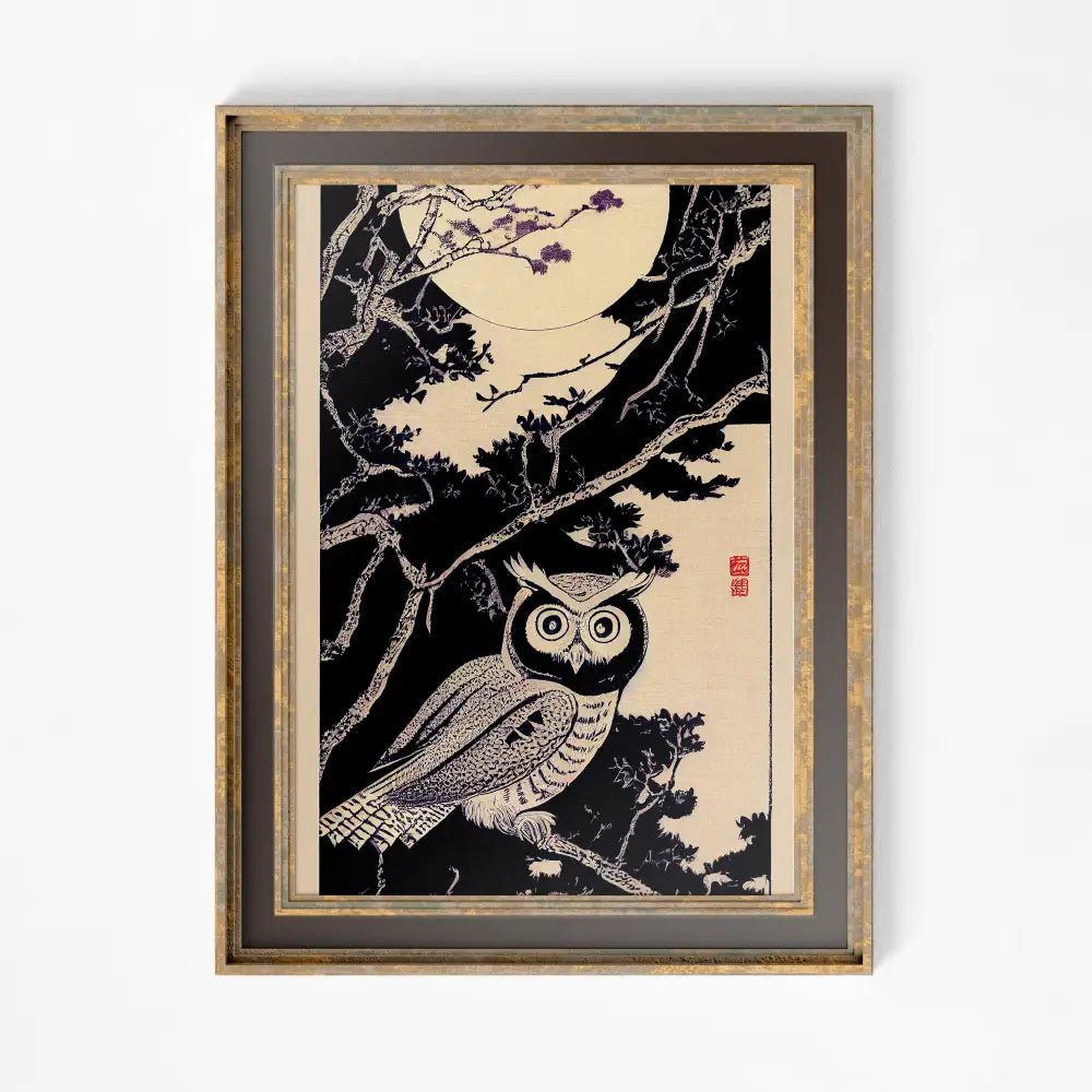 Owl Vintage Illustration Japanese Antique Print Black Beige Archival by My Store