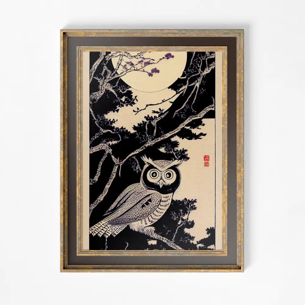 Owl Vintage Illustration Japanese Antique Print Black Beige Archival by My Store
