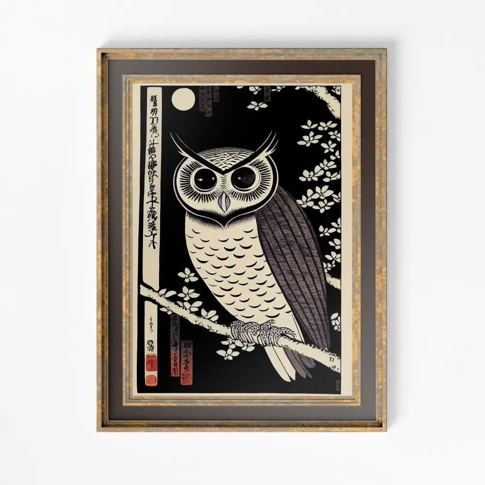 Owl Vintage Illustration Japanese Antique Print Black Beige Fine Art Poster Archival Paper by My Store