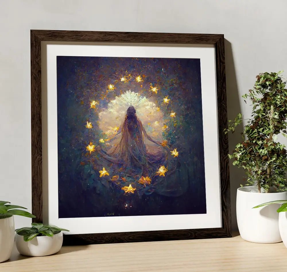 Pagan Goddess Moon Witch Surreal Art Print For Sacred Space With Celestial Glow Accents by My Store