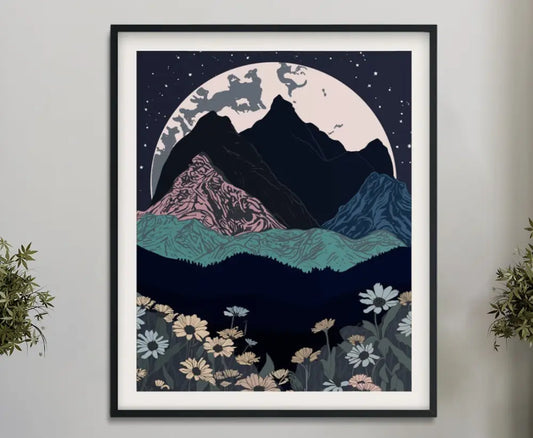 Painted Mountains Poster Blue And Pink Moon Art Ombre Wall Print by My Store