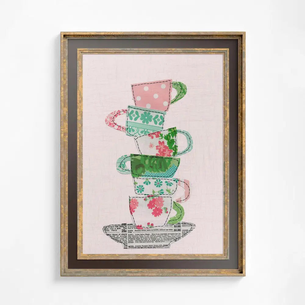 Pink Bohemian Tea Cups Collage Print For Tea Time Wall Art Archival Quality Giclee by My Store