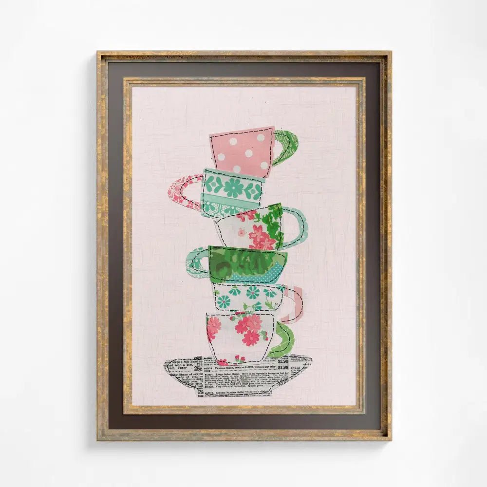 Pink Bohemian Tea Cups Collage Print For Tea Time Wall Art Archival Quality Giclee by My Store