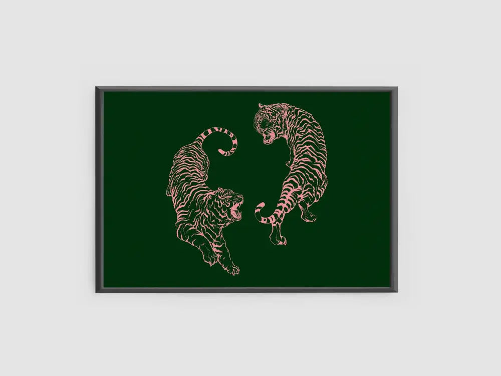Pink Tigers Print Japanese Tigers On Dark Green Canvas Wall Art For Modern Living Rooms by My Store