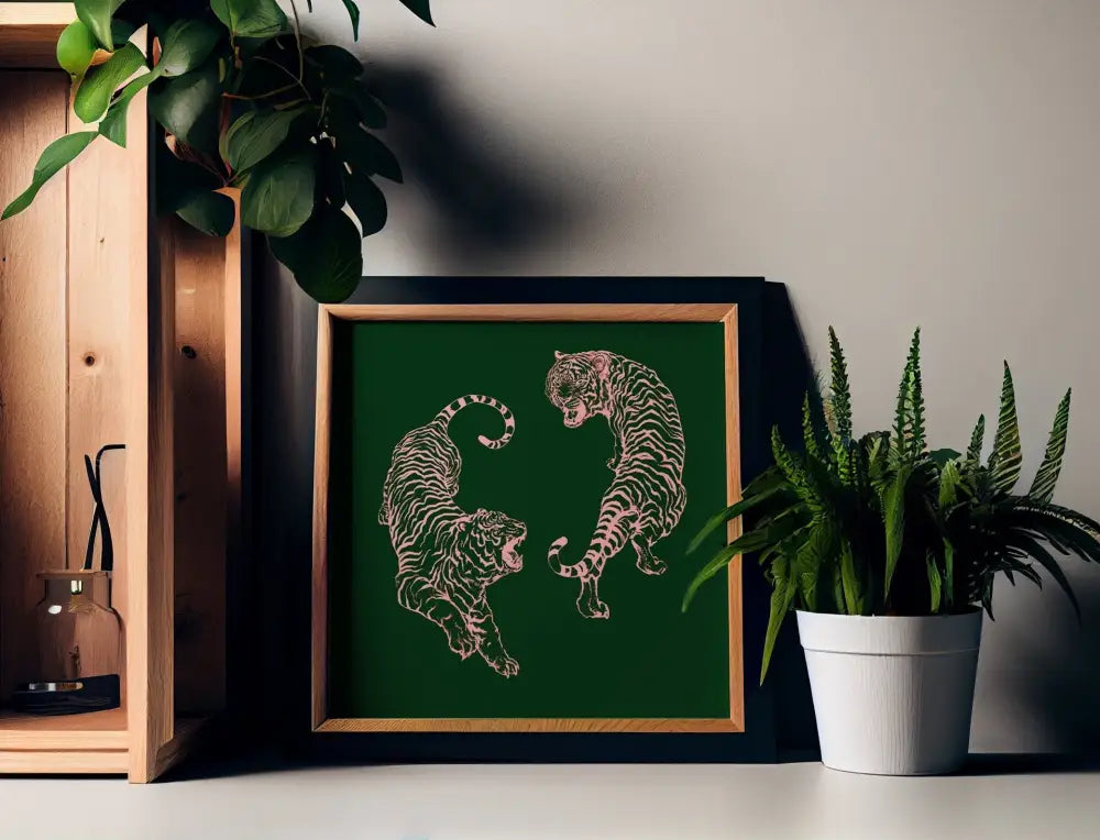 Pink Tigers Print Square Art Vintage Japanese Remix Wall Decor for Modern Living Rooms by My Store