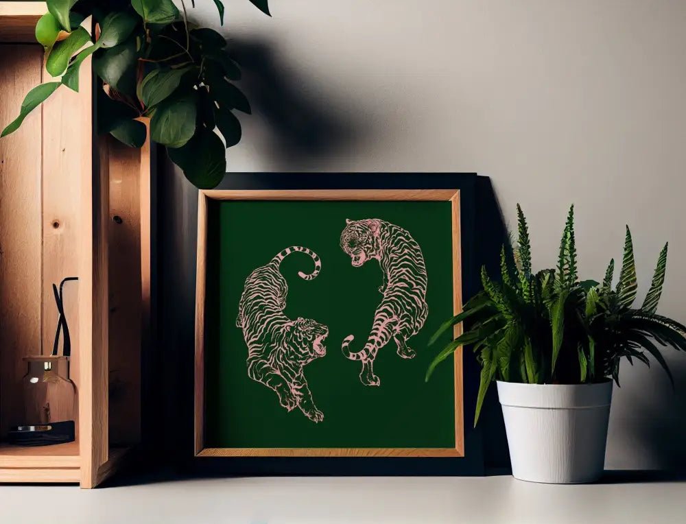 Pink Tigers Print Square Art Vintage Japanese Remix Wall Decor for Modern Living Rooms by My Store