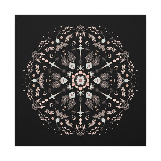 Black and Pink Botanical Mandala Canvas Art Print, Wall Decor, Home Accents, Nature Inspired, Meditation Space Decor - DesignBohemian