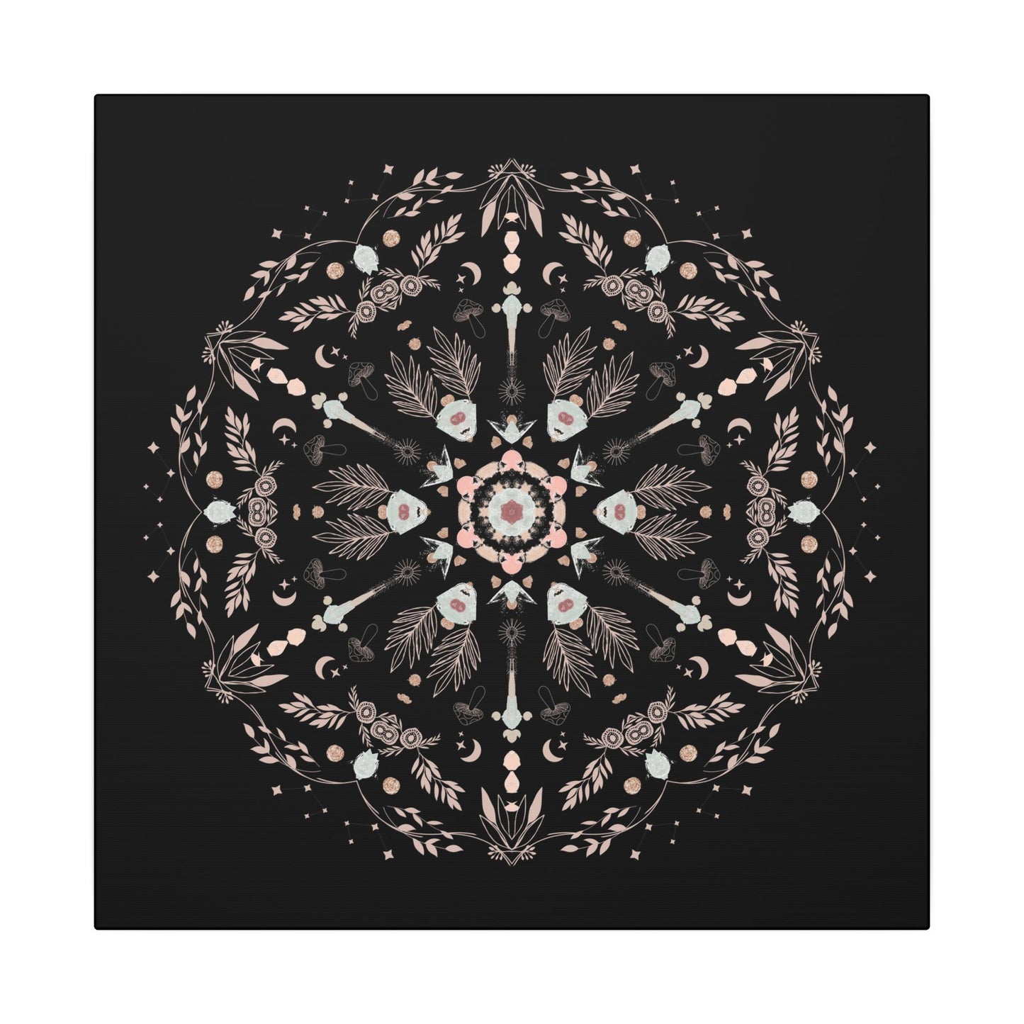 Black and Pink Botanical Mandala Canvas Art Print, Wall Decor, Home Accents, Nature Inspired, Meditation Space Decor - DesignBohemian