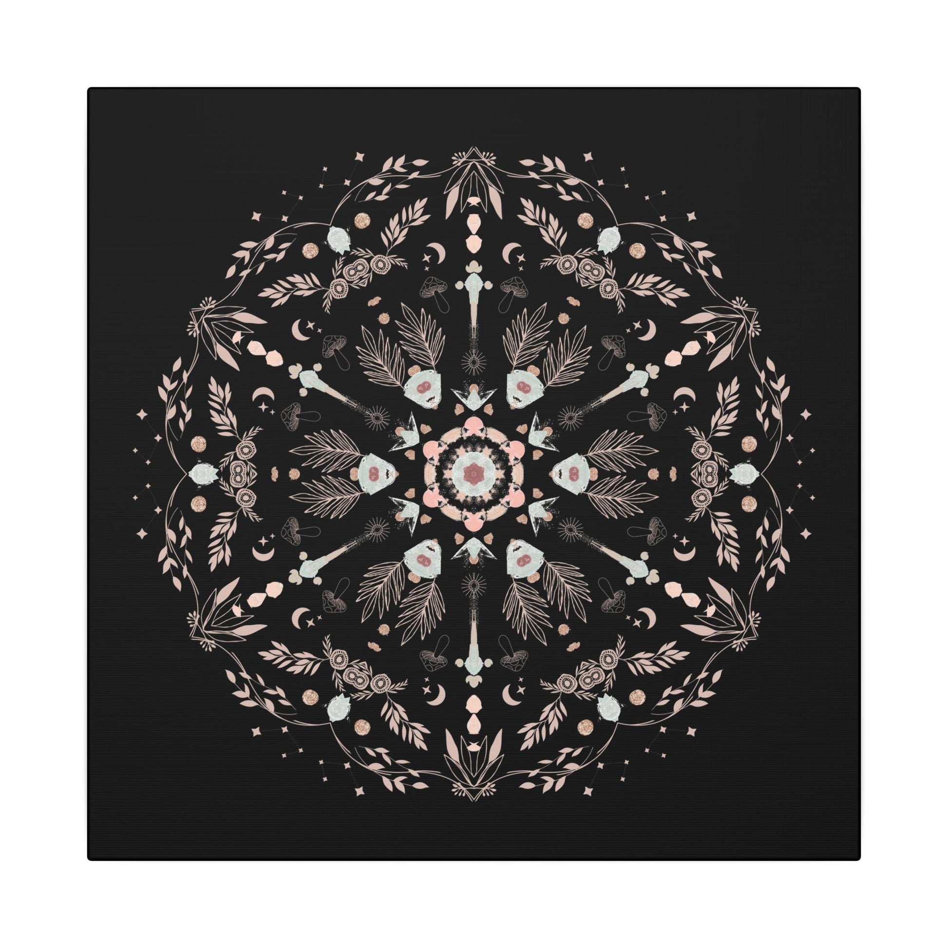 Black and Pink Botanical Mandala Canvas Art Print, Wall Decor, Home Accents, Nature Inspired, Meditation Space Decor - DesignBohemian