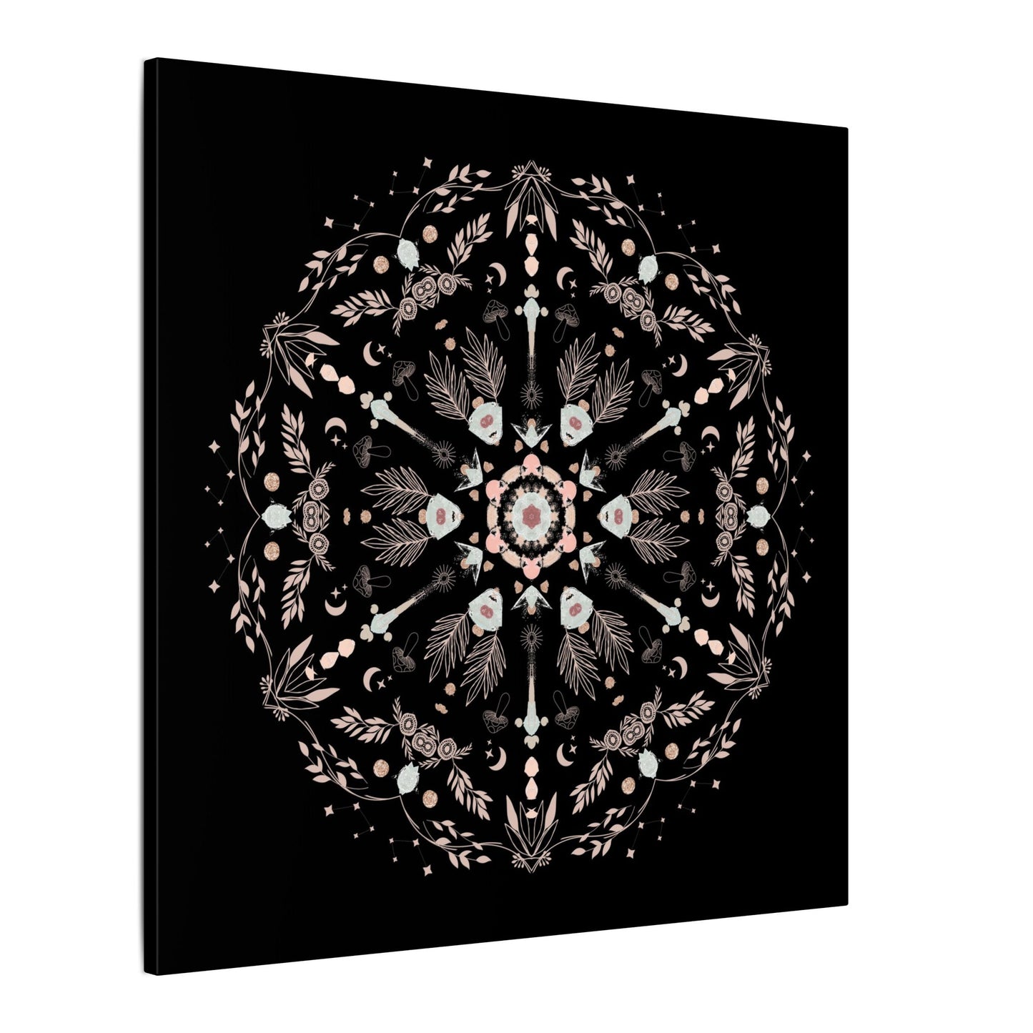 Black and Pink Botanical Mandala Canvas Art Print, Wall Decor, Home Accents, Nature Inspired, Meditation Space Decor - DesignBohemian