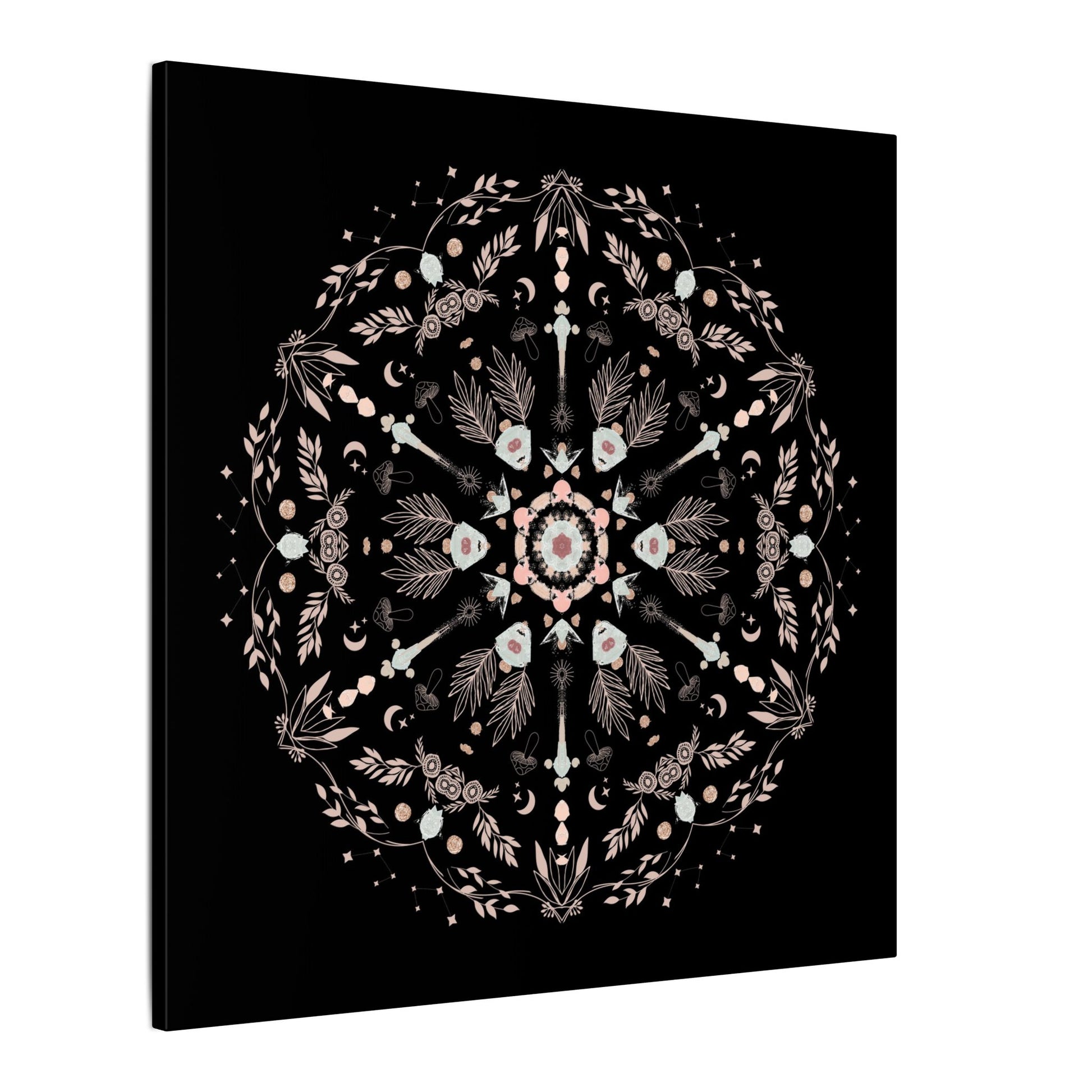 Black and Pink Botanical Mandala Canvas Art Print, Wall Decor, Home Accents, Nature Inspired, Meditation Space Decor - DesignBohemian