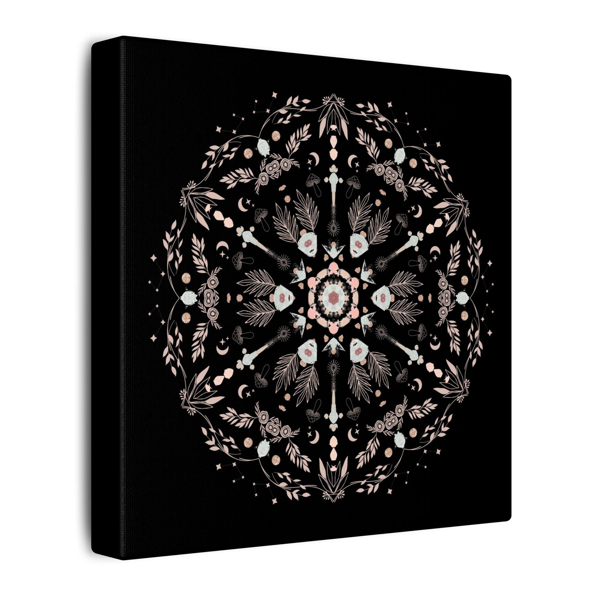 Black and Pink Botanical Mandala Canvas Art Print, Wall Decor, Home Accents, Nature Inspired, Meditation Space Decor - DesignBohemian