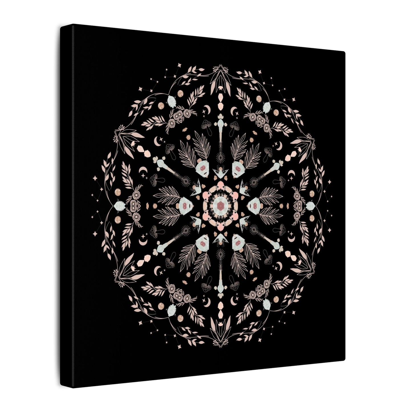 Black and Pink Botanical Mandala Canvas Art Print, Wall Decor, Home Accents, Nature Inspired, Meditation Space Decor - DesignBohemian