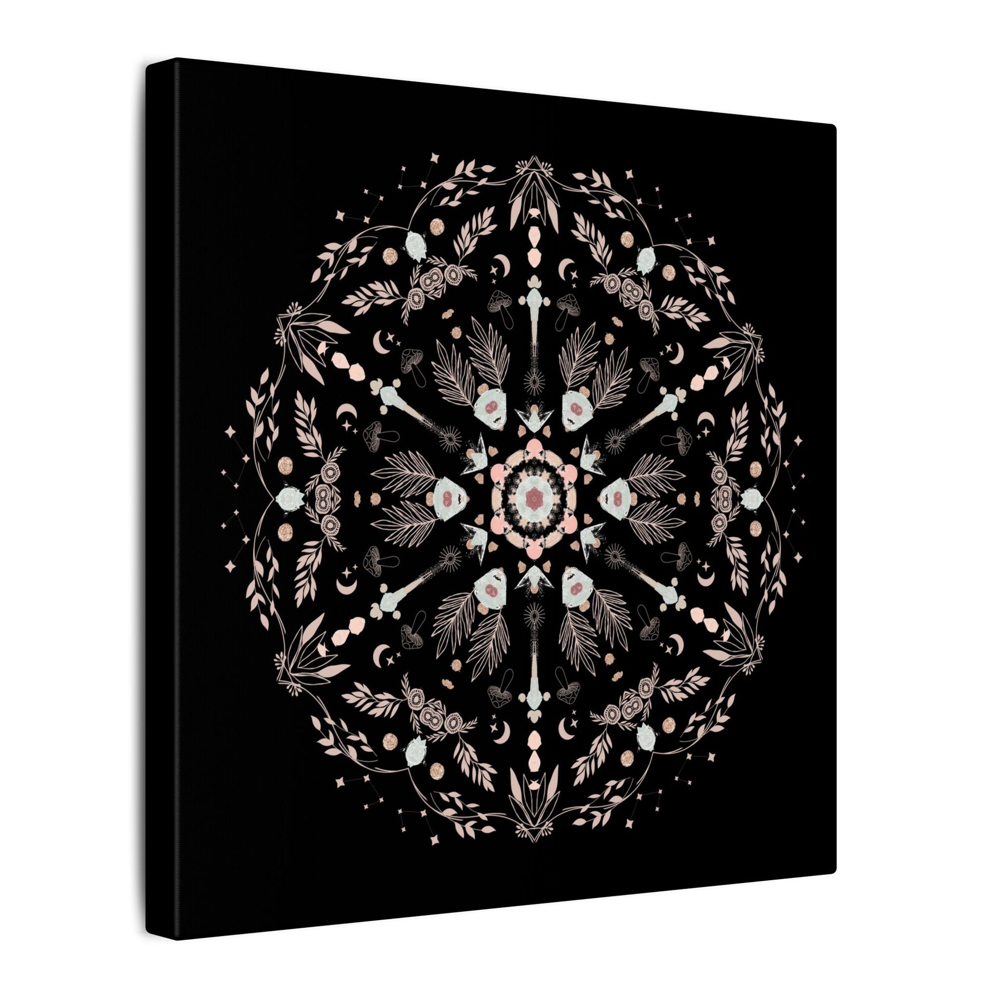 Black and Pink Botanical Mandala Canvas Art Print, Wall Decor, Home Accents, Nature Inspired, Meditation Space Decor - DesignBohemian