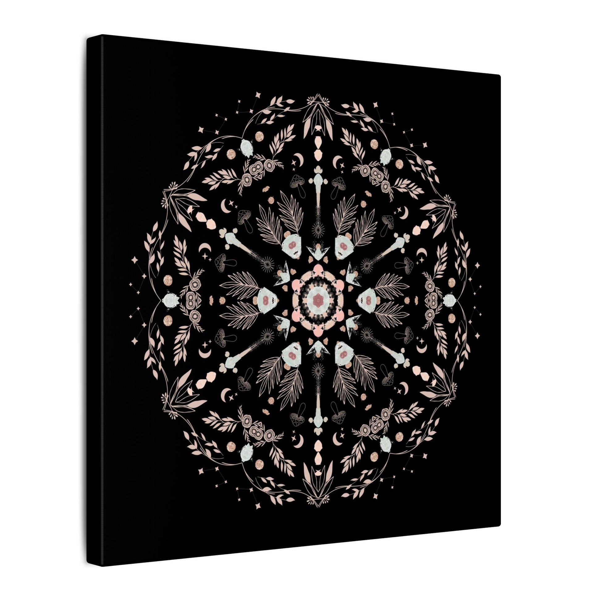 Black and Pink Botanical Mandala Canvas Art Print, Wall Decor, Home Accents, Nature Inspired, Meditation Space Decor - DesignBohemian