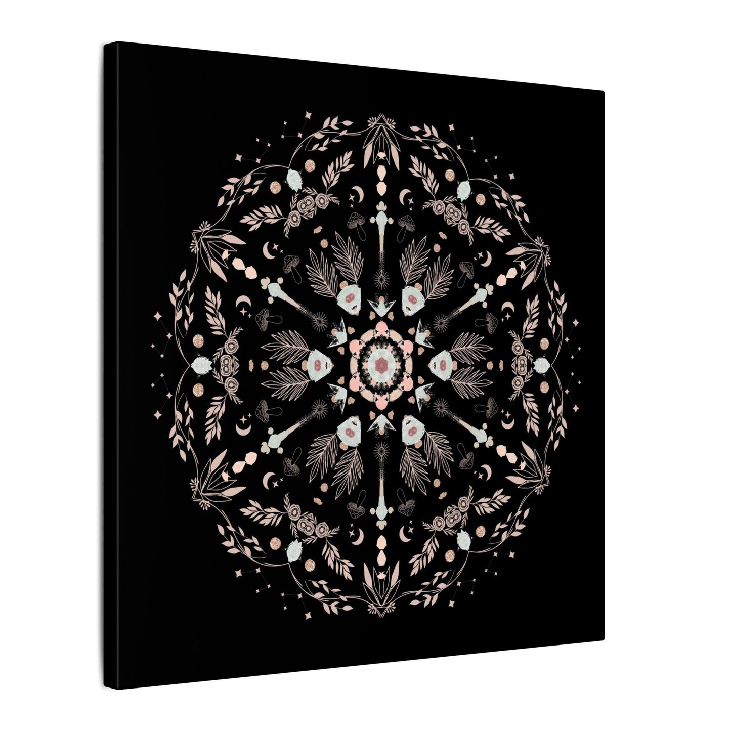 Black and Pink Botanical Mandala Canvas Art Print, Wall Decor, Home Accents, Nature Inspired, Meditation Space Decor - DesignBohemian