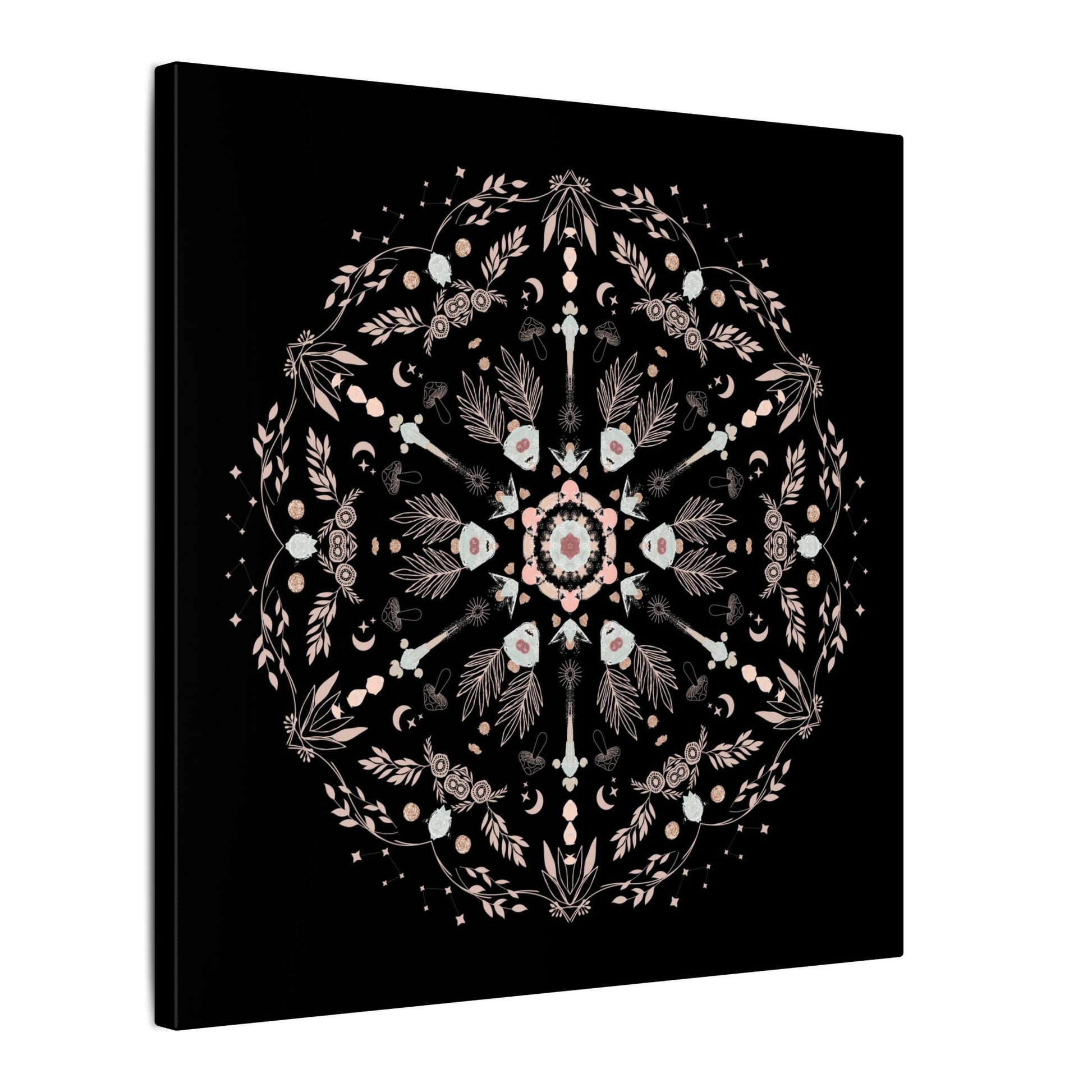 Black and Pink Botanical Mandala Canvas Art Print, Wall Decor, Home Accents, Nature Inspired, Meditation Space Decor - DesignBohemian