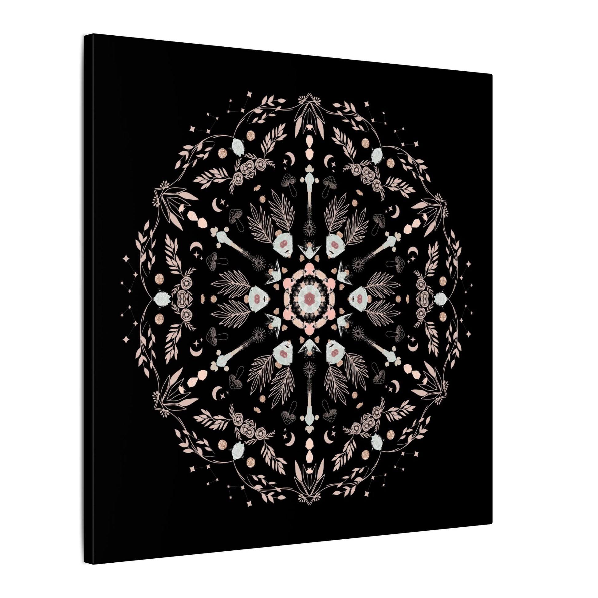 Black and Pink Botanical Mandala Canvas Art Print, Wall Decor, Home Accents, Nature Inspired, Meditation Space Decor - DesignBohemian