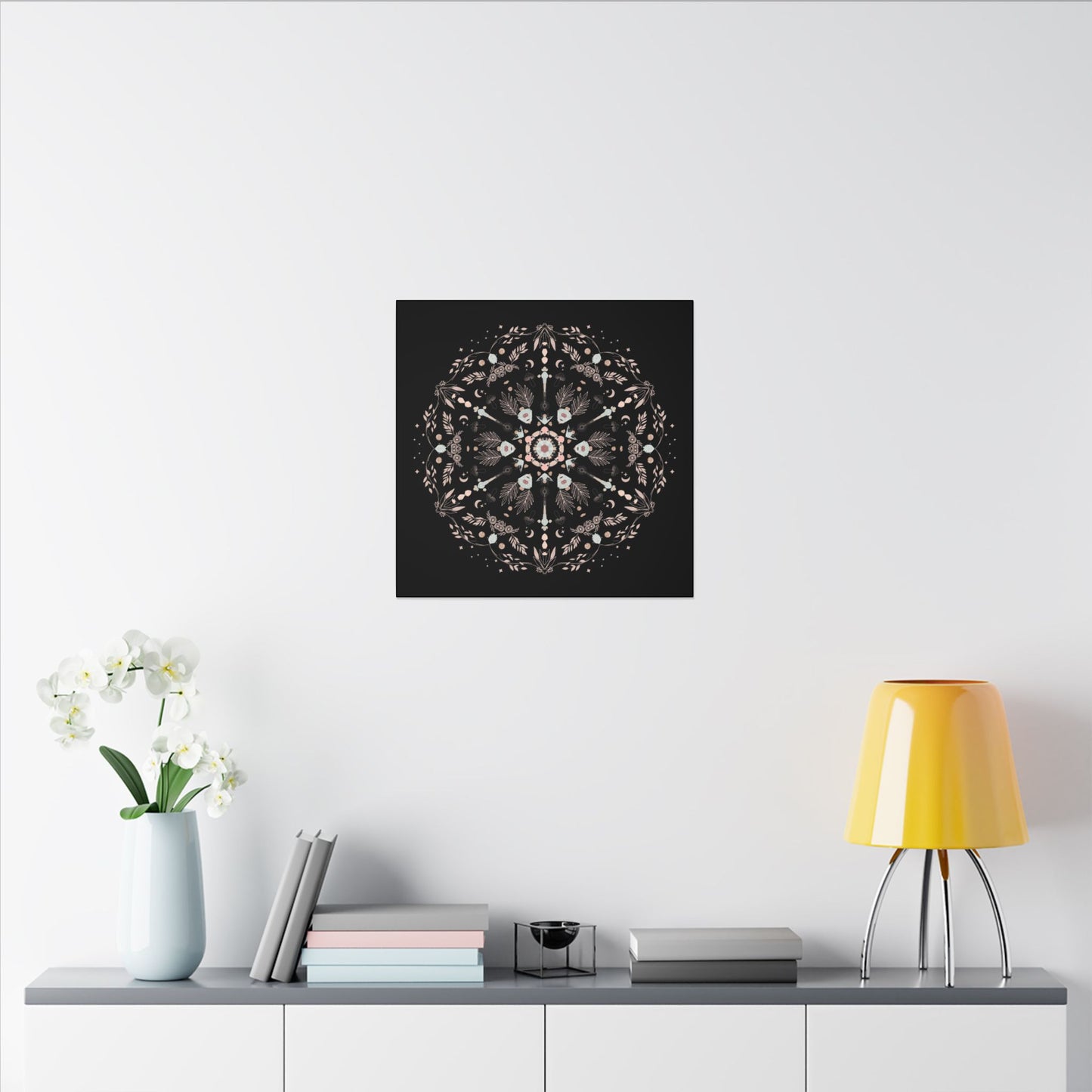 Black and Pink Botanical Mandala Canvas Art Print, Wall Decor, Home Accents, Nature Inspired, Meditation Space Decor - DesignBohemian