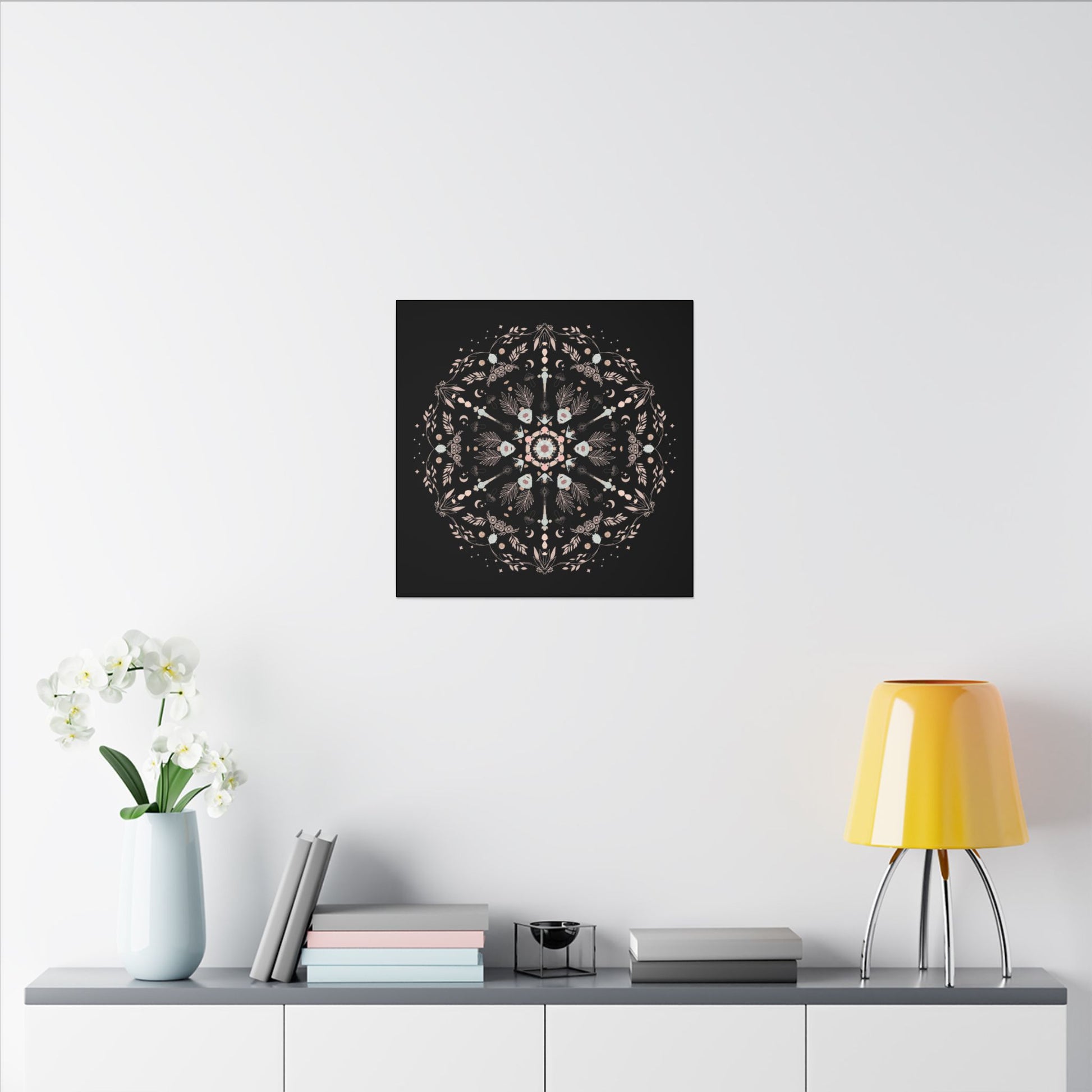 Black and Pink Botanical Mandala Canvas Art Print, Wall Decor, Home Accents, Nature Inspired, Meditation Space Decor - DesignBohemian