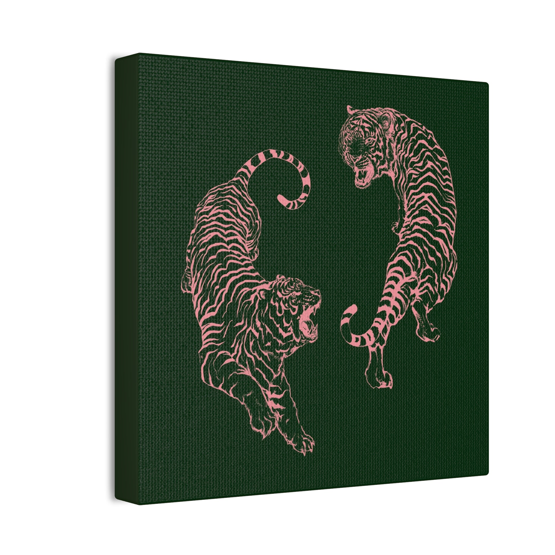 Pink Tigers Canvas Art - Dark Green and Pink Japanese Tigers - Wrapped Canvas Art - DesignBohemian